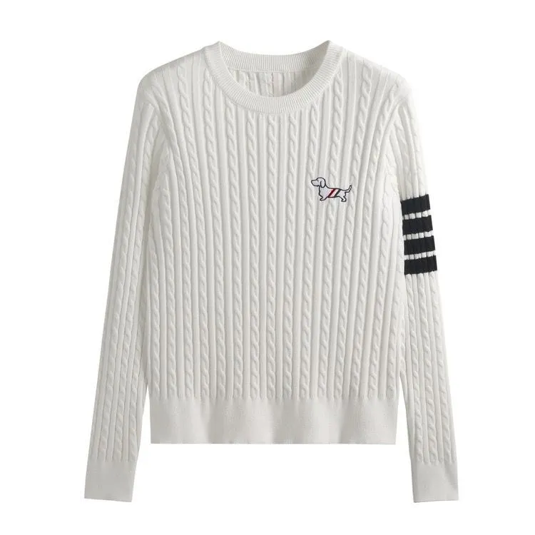 2025春秋新款圆领套头小狗刺绣麻花毛衣长袖针织打底衫上衣女外穿