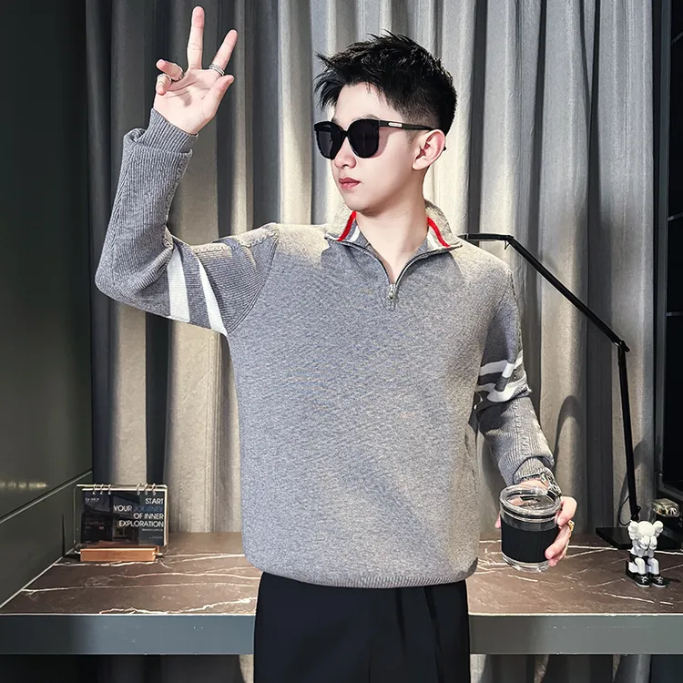 拉链厚款秋冬针织衫毛衣韩版男士时尚宽松百搭潮流痞帅条纹打底衫