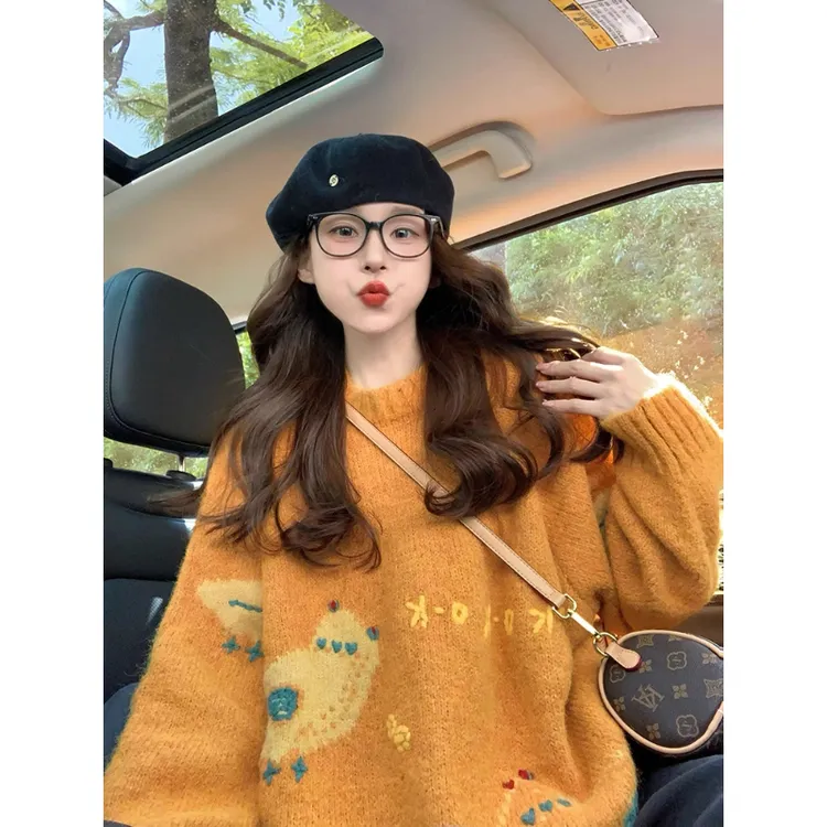 韩系慵懒风卡通软糯黄色毛衣女厚款2025秋冬新款宽松针织内搭上衣