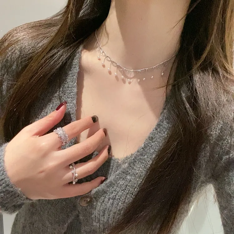 好饰花生DIY项链仿珍珠流苏项链精致仿锆石爪链亮闪闪项链