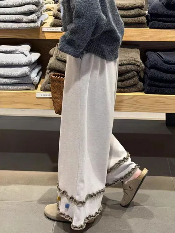 燕麦色花边毛球加绒阔腿裤女复古民族风独特漂亮超好看高腰直筒裤