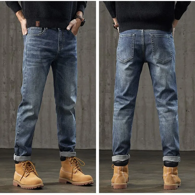 JEEPSPIRIT男士牛仔裤秋冬款加绒加厚直筒弹力修身轻奢休闲裤子男