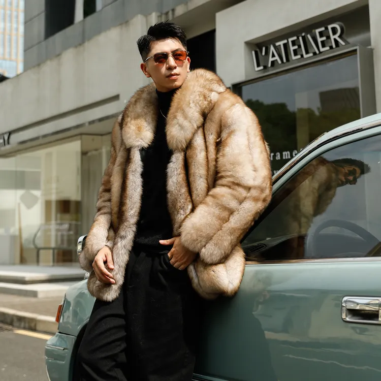 进口狐狸毛大翻领年轻款皮草外套男冬25新款皮草皮毛一体毛毛大衣