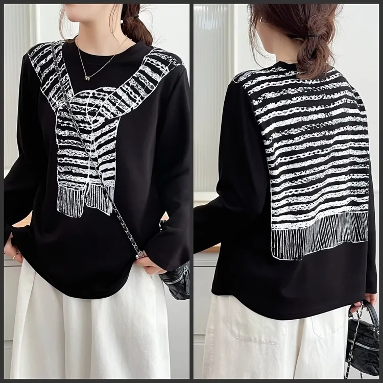 梦冬佳--110-190斤微胖大码女装宽松休闲秋装印披肩长袖T恤衫上衣