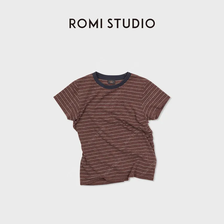 ROMI STUDIO“美式复古”水洗磨毛做旧条纹宽松短袖T恤 RWDRSU1488