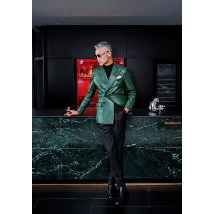 【福利款】DRUNKCORNER双排戗驳领宽压线皮西服男士修身真皮秋季