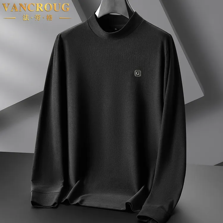 VANCROUG/法劳格卫衣男士秋季宽松双面绒T恤加肥加大码半高领上衣