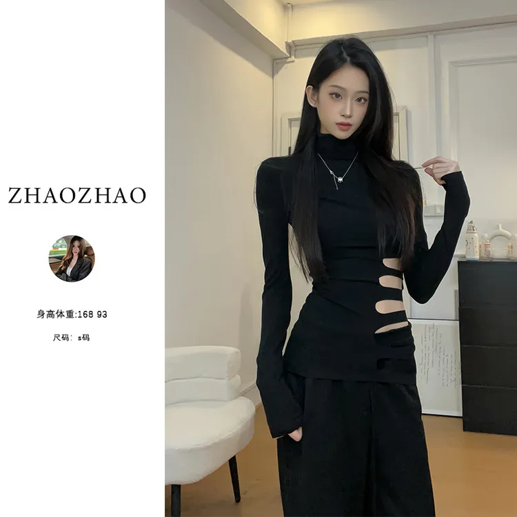 【ZHAOZHAO】美式复古辣妹性感镂空长袖T恤女秋季新款修身显瘦上衣