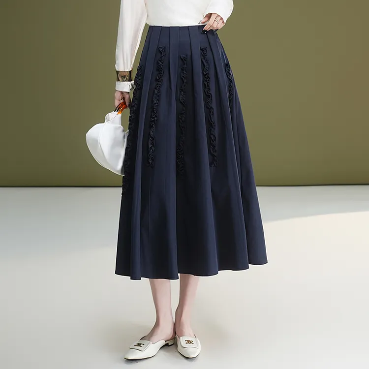 木耳边拼接休闲裙子半身裙女2025秋季新款高腰垂感显瘦中长a字裙