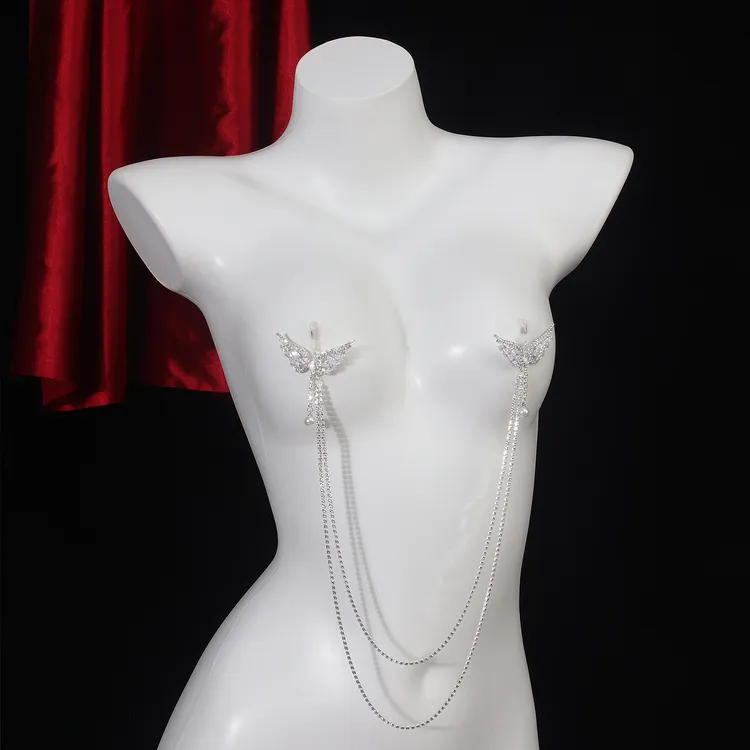 欧美水钻锆石双蝴蝶胸链女 夜店性感情趣比基尼身体链乳环链胸饰