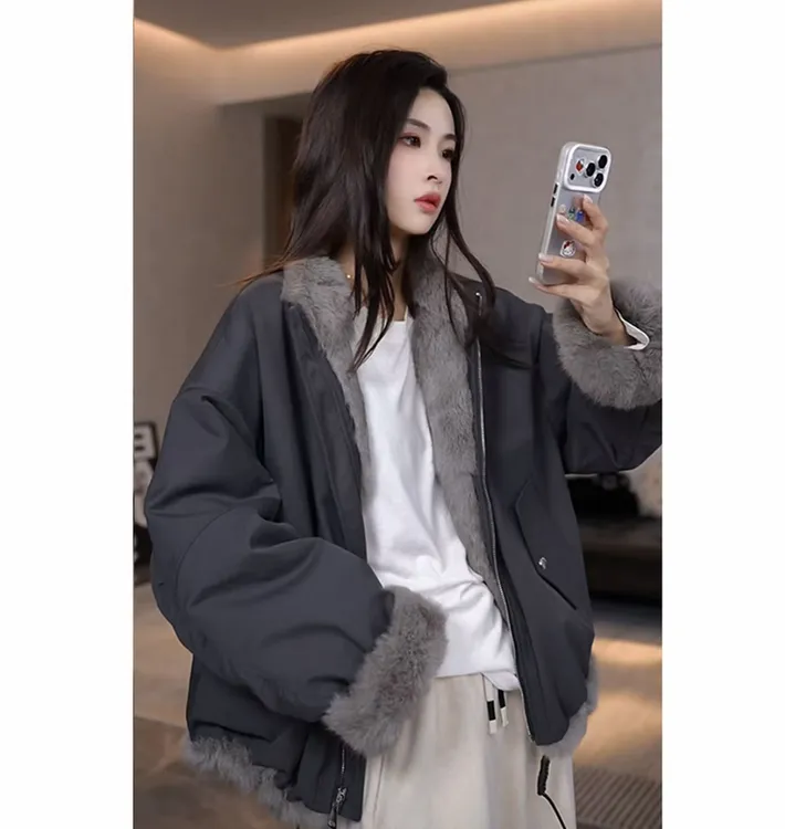 新款双面穿兔毛冬季时尚休闲女士加羽绒派克服083