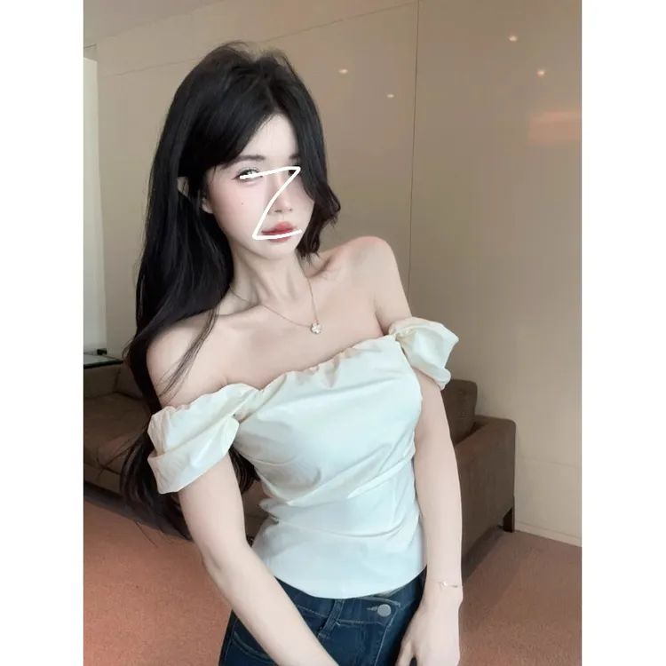 固质一字肩法式甜美短袖衬衫女夏白色修身设计感气质短款显瘦上衣