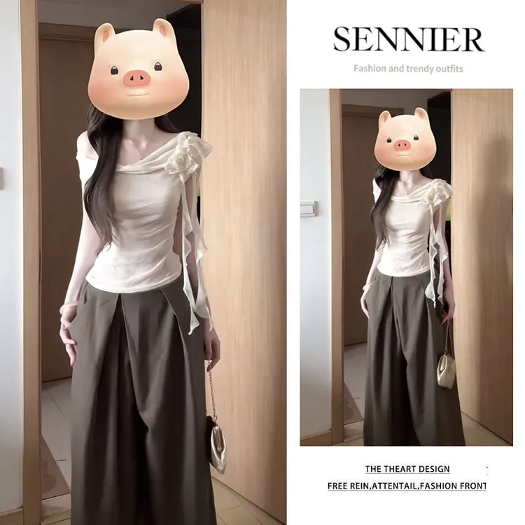 时尚穿搭女2025夏季新款荡领飘带花朵短袖t恤女阔腿休闲裤两件套