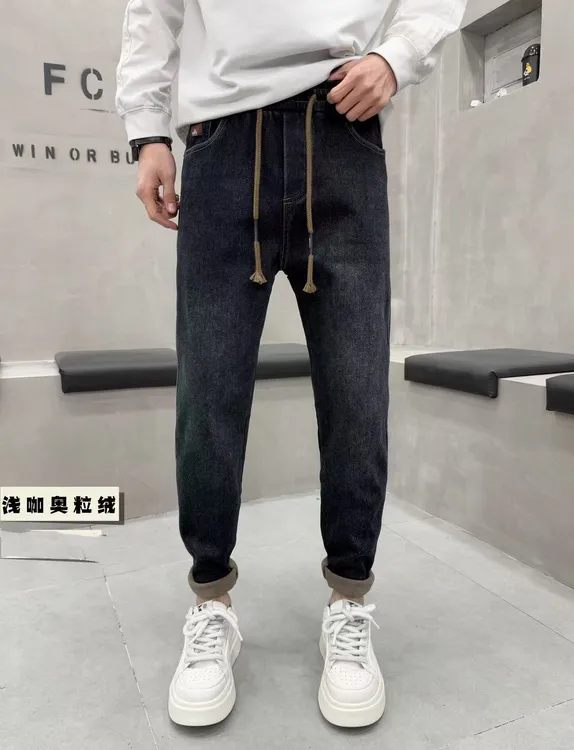 【小璐优选】冬季男士松紧腰奥利绒小直筒牛仔裤加厚加绒