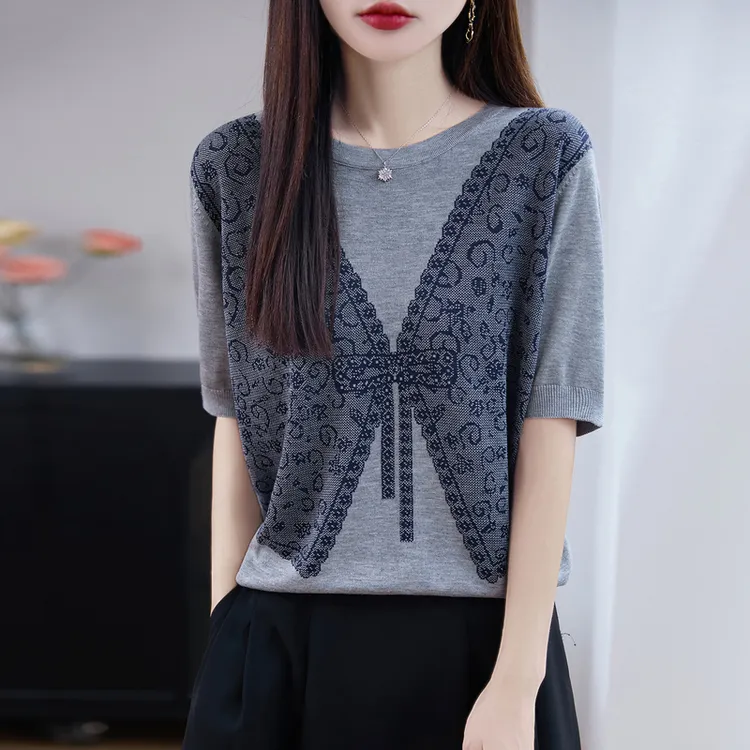 哥弟阿玛施官方新款蝴蝶结提花针织衫夏季洋气显瘦宽松短袖上衣女