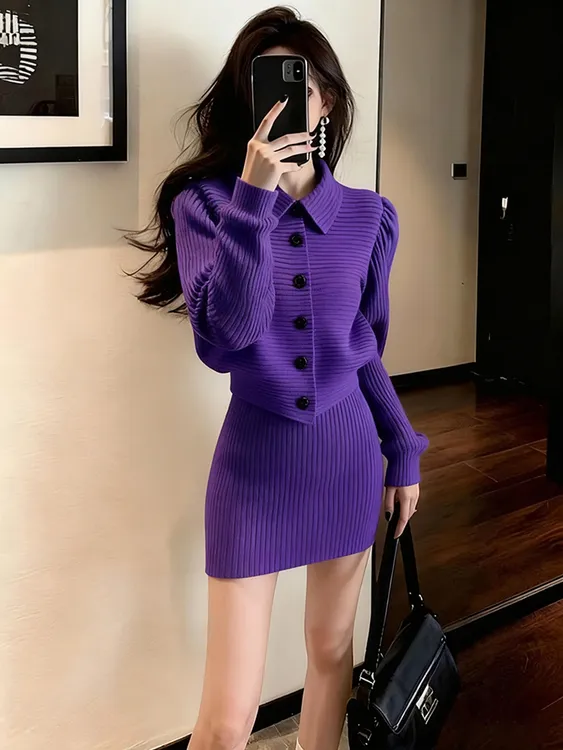 冬季小个子富家千金气质女神范高级感大方得体紫色针织半身裙套装
