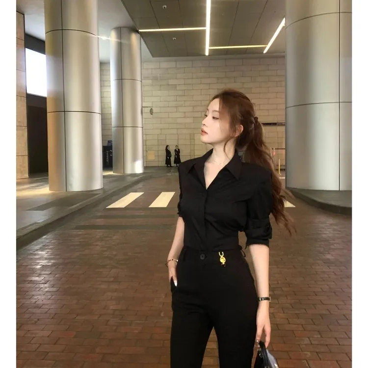 许我耀眼~秋季新款气质通勤长袖衬衫+气质百搭显瘦显高微喇裤