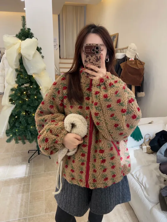 【zzrose韩代小樱桃】韩系秋冬颗粒绒小樱桃拉链宽松外套