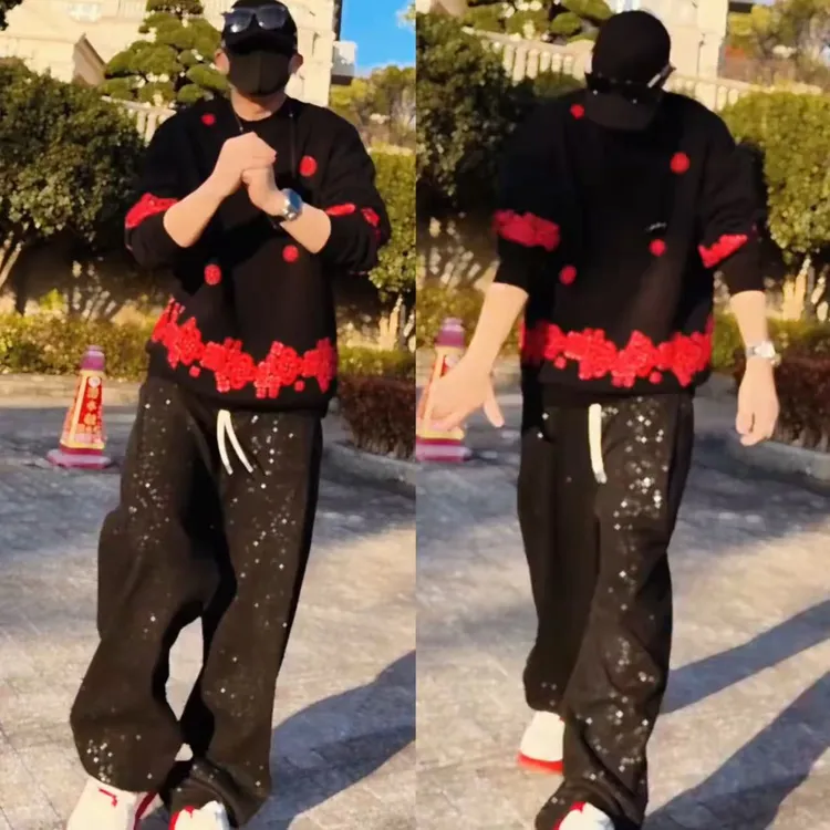 冬季新款加绒立体印花休闲套装男女潮流百搭圆领卫衣休闲裤两件套