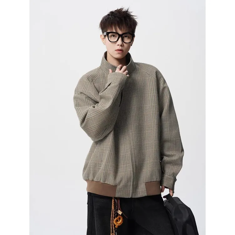 复古老钱棕千鸟格哈灵顿夹克男春秋宽松情侣百搭休闲外套