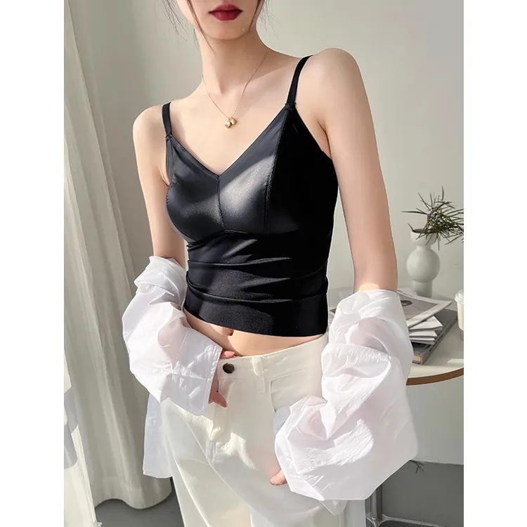 黑色V领吊带背心女2025新款早春内搭美背内衣带胸垫薄款无袖上衣