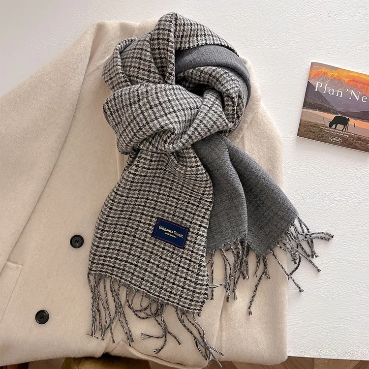 保暖百搭厚款防尘千鸟格极简格子围巾加厚灰色纯色秋冬季