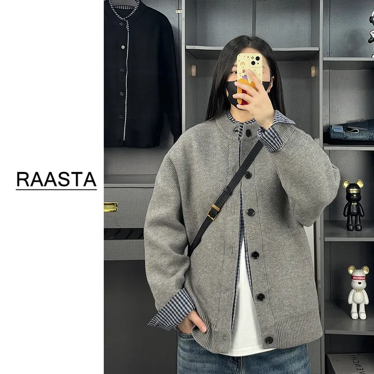 秋季假两件毛衣男潮流千鸟格衬衫拼接圆领针织外套宽松百搭开衫潮