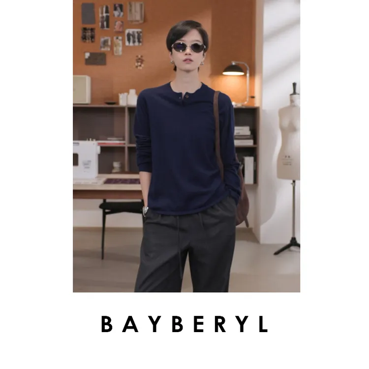 BAYBERYL老贝一粒扣柔软羊绒气质圆领百搭秋针织衫ZZS5I1003-9/24