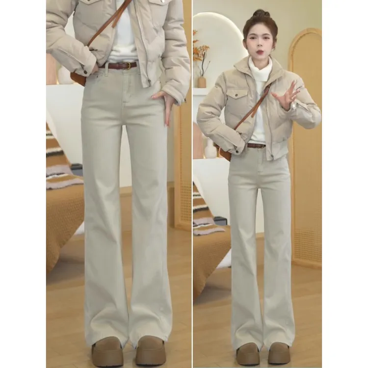 加绒微喇牛仔裤女2025冬季新款高腰显瘦显高弹力加厚休闲喇叭裤子