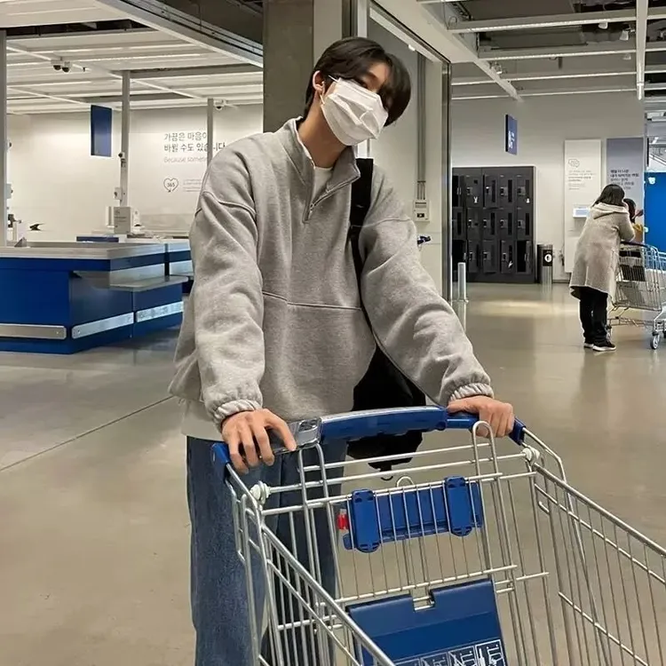 日系复古休闲半高领拉链卫衣男oversize秋冬内搭叠穿上衣潮牌ins