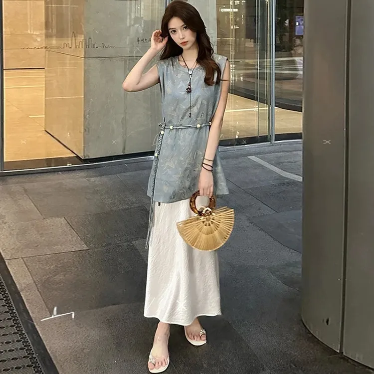 新中式国风连衣裙套装女夏季新款洋气提花无袖上衣半身裙两件套潮