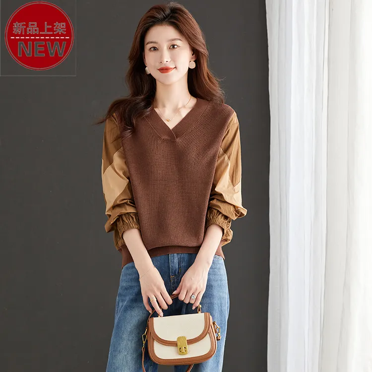 哥弟阿玛施正品2025新款V领时尚拼色休闲宽松气质优雅百搭针织衫