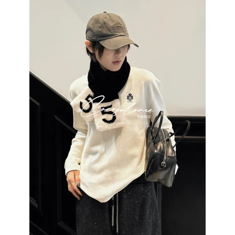 韩彬彬"小白洋"加厚保暖刺绣圆领长袖宽松显瘦羊毛打底衫女907Y-8