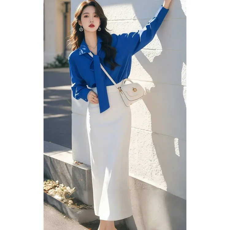韩系气质女神2025春季新款时尚休闲职业绑带设计衬衫配高腰半身裙