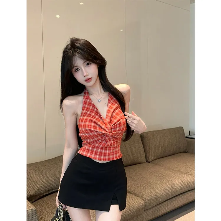 辣妹扭结多巴胺细闪格纹V领挂脖背心甜辣小衫上衣女短款裙裤套装
