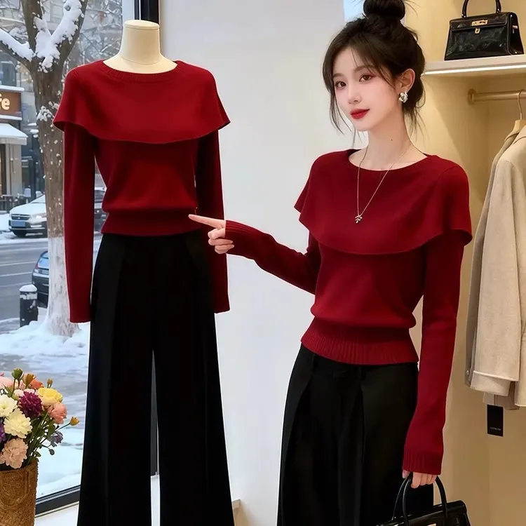 高级感圆领斗篷显瘦针织衫秋装新款内搭长袖套头毛衣打底纯色上衣