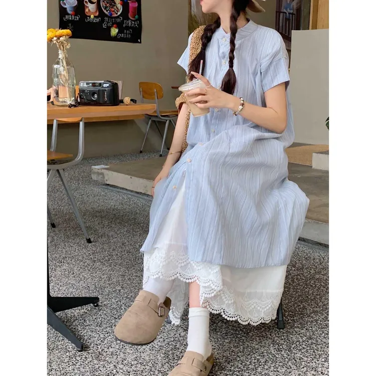 法式甜美条纹短袖衬衫连衣裙女海边度假风气质宽松显瘦A字裙