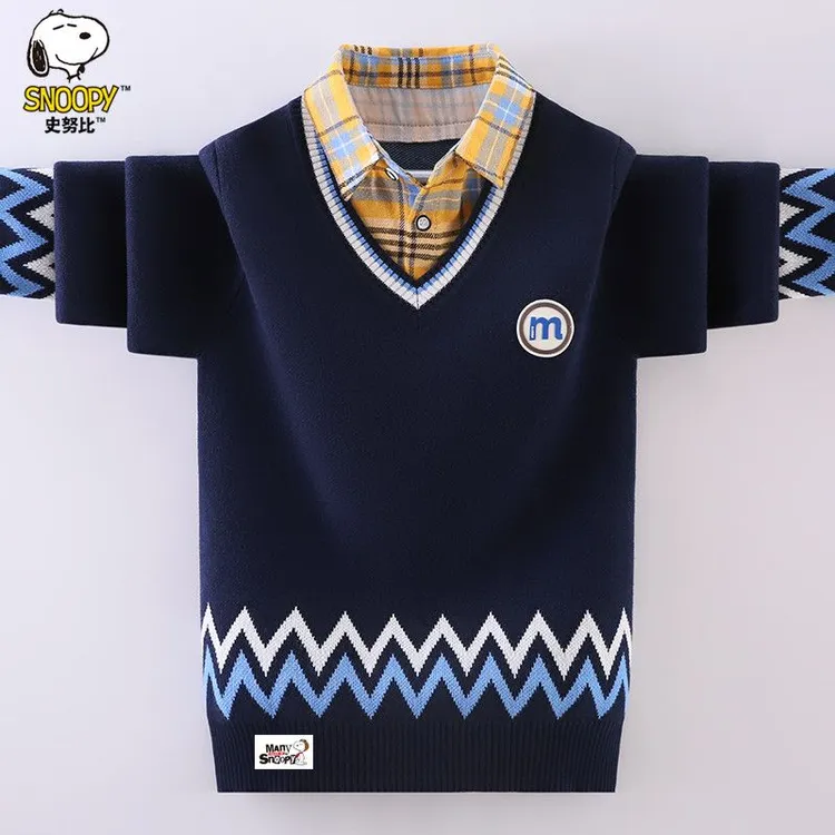 史努比男童毛衣假两件秋冬新款洋气中大童男孩加绒加厚纯棉针织衫