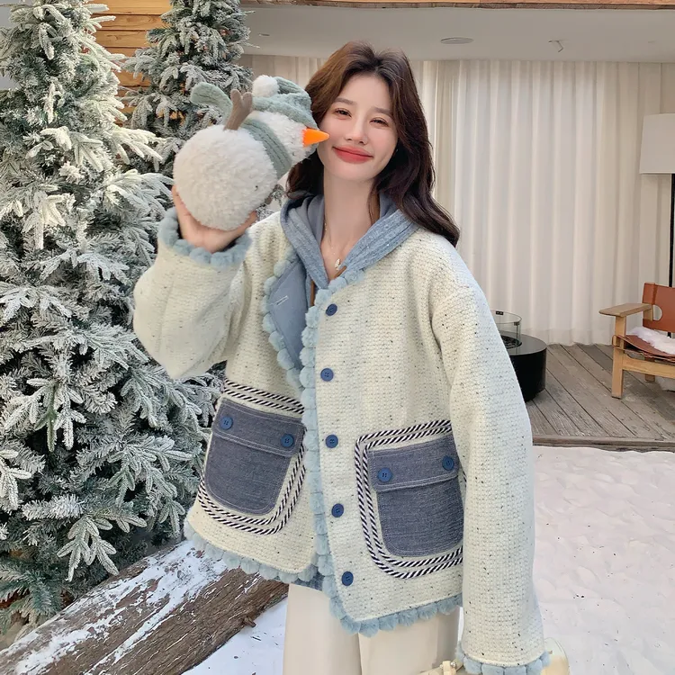 小香风撞色羊羔毛拼接羽绒服女冬2025新款今年流行爆款白鸭绒外套