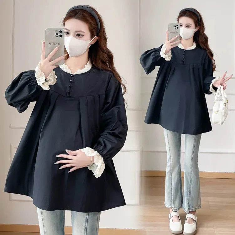 大码孕妇衬衫春季蕾丝拼接娃娃衫中长款宽松显瘦长袖上衣200斤潮