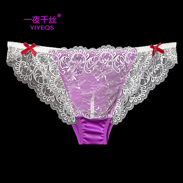 一夜千丝桑蚕丝性感男士三角裤低腰舒适蕾丝蝴蝶结点缀真丝男内裤