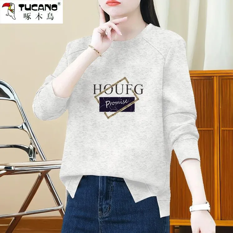 啄木鸟圆领卫衣女春秋新款宽松大码修身显瘦韩版长袖开叉休闲上衣