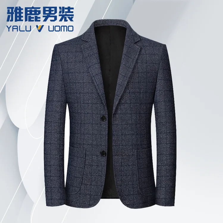 雅鹿男装新款春秋薄款格子男士中年西服夹克外套商务休闲西服上衣