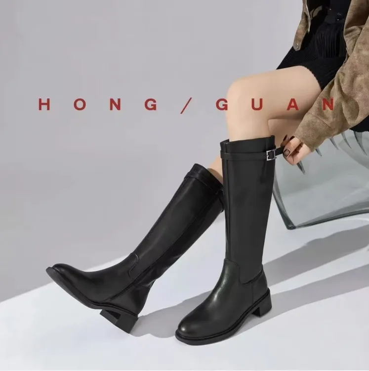 红冠~3cm靴子57205粗腿显瘦粗跟皮面骑士靴女