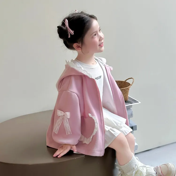 女童外套春秋款洋气衣服2025新款女孩连帽公主花边上衣韩版女宝宝