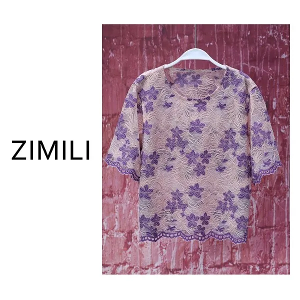 【亮哥女装】胭脂雪勾花水溶蕾丝时尚休闲短袖短袖衫9562