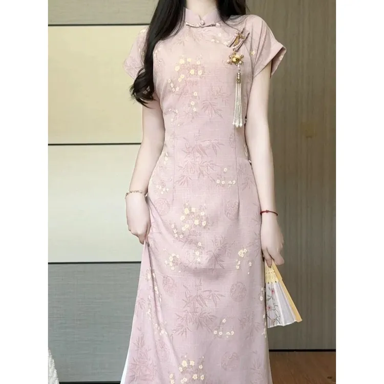 粉色旗袍女新中式古法中长款小个子年轻款少女订婚2025新款连衣裙