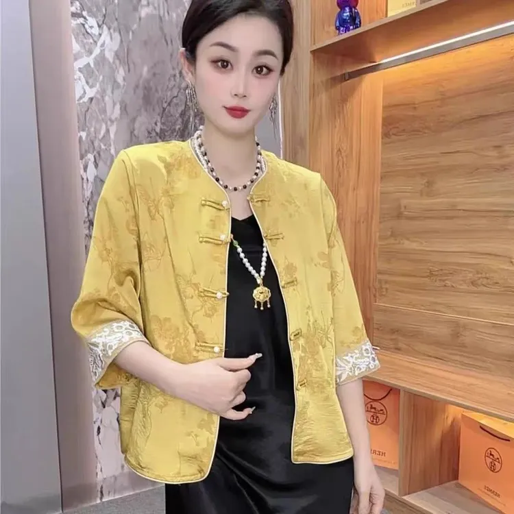 高级感粉色防晒衣新中式外套女夏薄七分袖醋酸锻开衫外搭上衣缎面