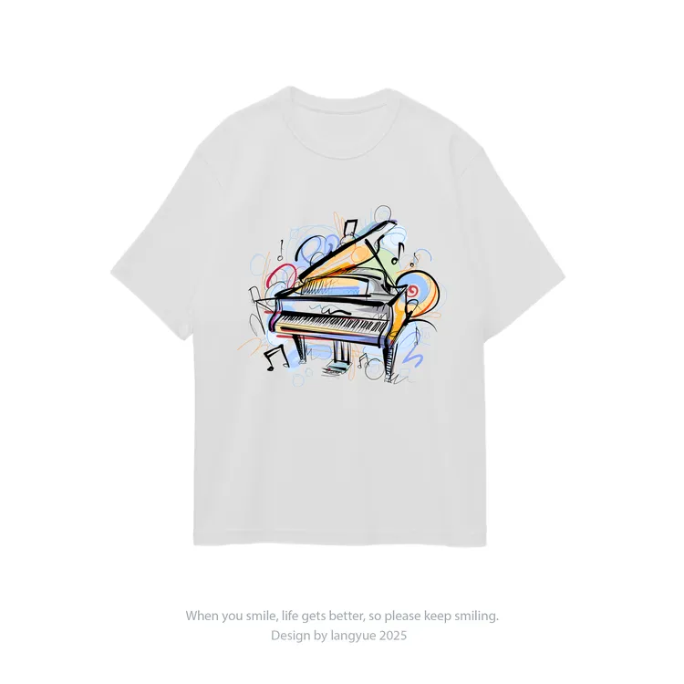 美式重磅日常夏季圆领T恤设计钢琴休闲短袖百搭男士宽松简约女