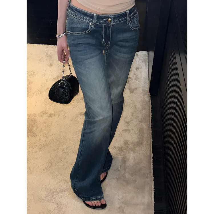 低腰复古微喇牛仔裤女夏季新款美式高街复古蓝色修身显瘦喇叭裤子